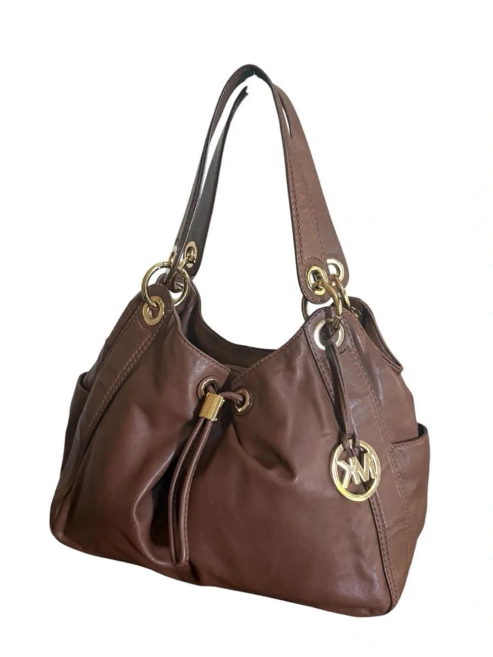 Michael Kors Ludlow Brown Leather Shoulder Hobo Bag with Gold Accents!